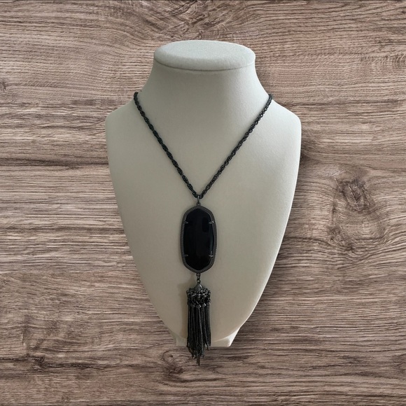 Kendra Scott Black Banded Agate Rayne Pendant Necklace in Gunmetal - Picture 1 of 4